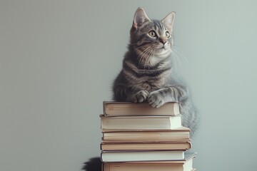 Education concept - cat sitting on books on grey background. April National Library Day. I love...
