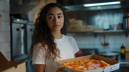 Young woman holding fresh pizza in kitchen setting, casual lifestyle moment captured. home cooking, authentic environment. AI