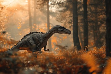 An ancient extinct animal dinosaur in an ancient forest