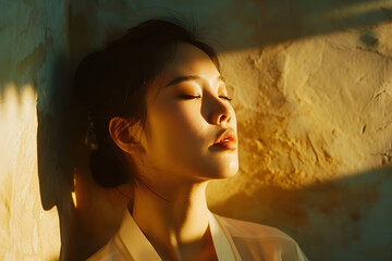 Radiant Moments: Graceful Asian Woman Basks in Warm Sunlight