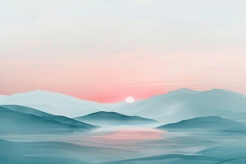 A minimalist landscape painting with soft, calming tones, capturing the serene beauty of nature as...