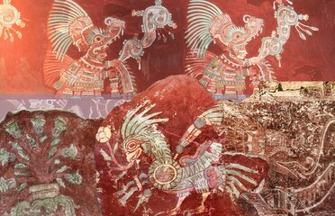 Beautiful fragments of wall painting found in the ancient and mysterious city of Tenochtitlan in...