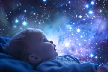 baby dreaming while having a nap surrounded by the night sky and stars representing dreams and imagination