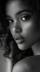 Black and white photo of a beautiful African American girl, close-up portrait of a woman