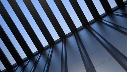 Building wall with sky view and open roof, modern architecture with metal elements, building with transparent ceiling. Modern house, office, banner.3D render