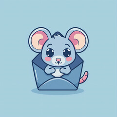 Cute cartoon mouse with envelope on blue background. Vector illustration.