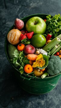 Fresh Food in a Garbage Can Illustrating Food Waste