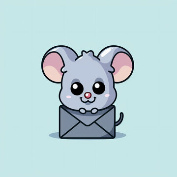 Cute cartoon mouse with envelope on blue background. Vector illustration.