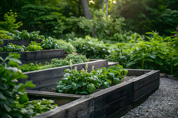 Vegetable Haven: Raised Garden Beds Overflowing with Thriving Greens