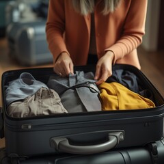 A woman packs her suitcase for vacation. Hands close up