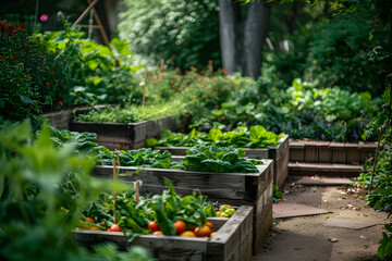 Fototapeta na wymiar Vegetable Haven: Raised Garden Beds Overflowing with Thriving Greens