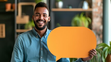 Smiling Man with Speech Bubble-Shaped Card