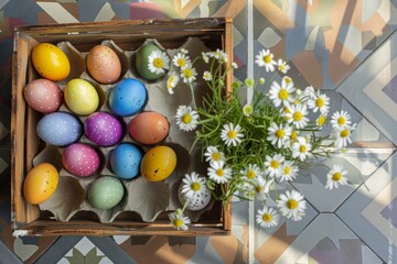 Obraz premium Happy Easter Eggs Basket easter rhododendron. Bunny hopping in Open space decoration. Adorable hare 3d customized card rabbit illustration. Holy week easter hunt Garden bouquet card decluttering