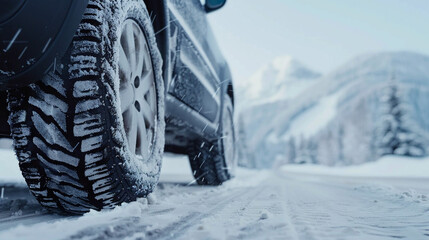 Close-up illustration of car tires in winter on a road covered with snow, slippery on the road.