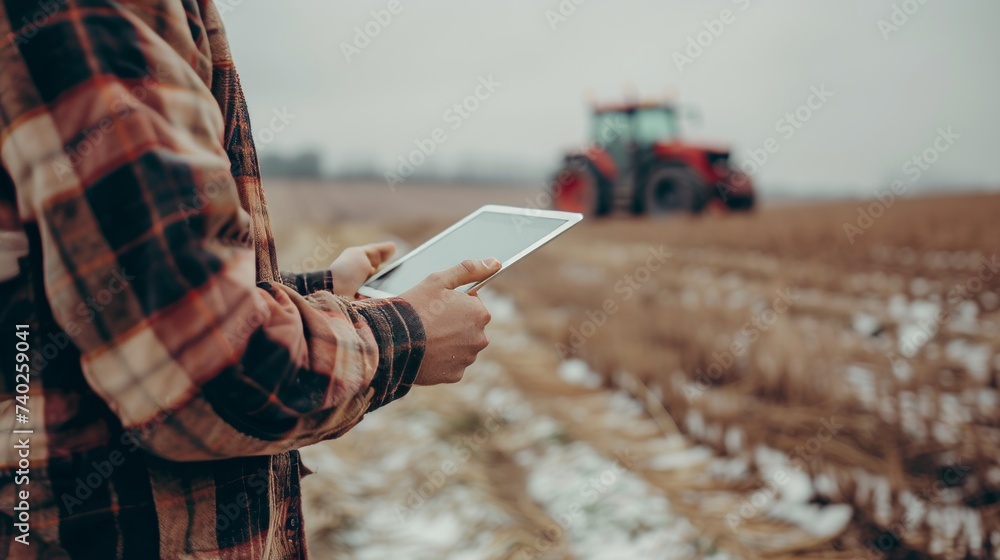 Aufkleber farmer using tablet in field with blurred tractor and farm background, space for text placement.