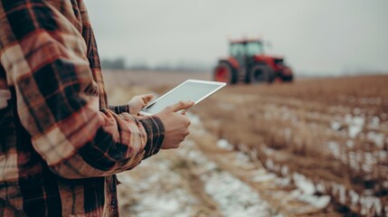Farmer using tablet in field with blurred tractor and farm background, space for text placement.
