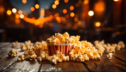 Freshness and indulgence on a wooden table, movie night snack generated by AI