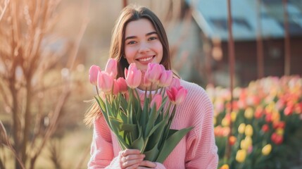 The beautiful girl with a smile on her face is holding a bright bouquet of tulips in honor of International Women's Day. Sparkling eyes and a happy smile make her look even more magnificent. The whole