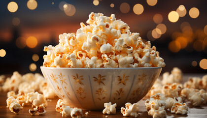 Fluffy caramel corn, a sweet movie snack in a bowl generated by AI