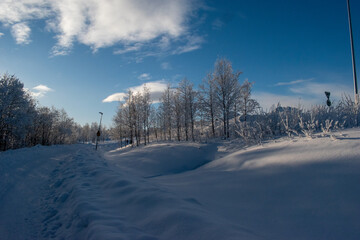 Fototapeta na wymiar Idyllic panoramic cold winter view in the arctics with lot of snow and blue sky.