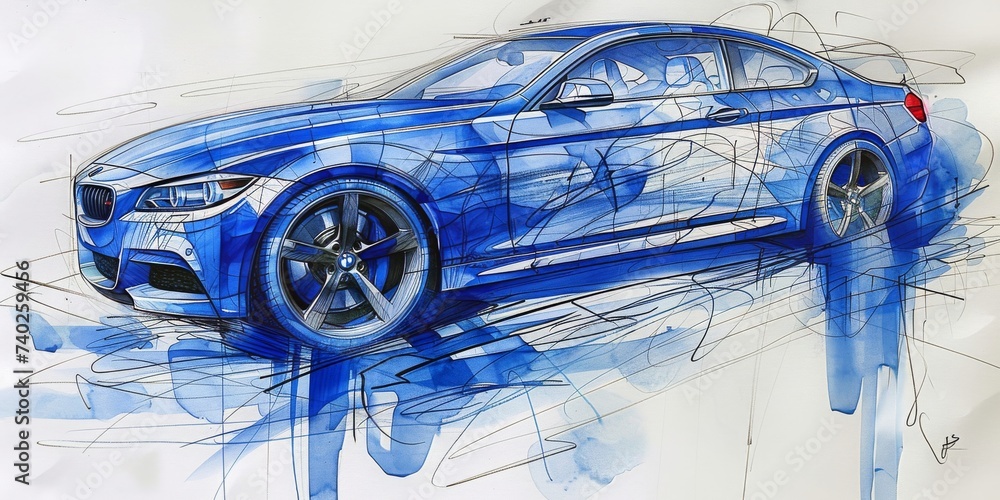 Poster artistic blueprint of a car interior, illustrating the intricate design process of automotive engine