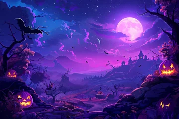 Tuinposter Halloween monster, pumpkin, witch night, scary night and night forest theme, in the style of vibrant stage backdrops, dark purple, realistic landscape paintings, light purple and dark crimson. © James Ellis