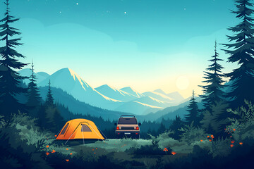 Camping tent close up concept of traveling on dirt roads on an off-road vehicle. - obrazy, fototapety, plakaty