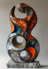sculpture abstract design marble base black auburn color pallet unique sequences panoramic stone wood flowing curves hanging scroll koi circular - obrazy, fototapety, plakaty