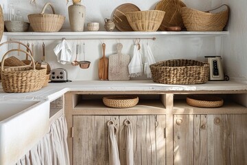 Fototapeta na wymiar Scandinavian-inspired kitchen with clean lines, whitewashed wood cabinetry, pops of pastel colors, and natural textures like woven baskets and linen curtains