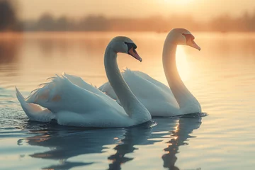Rolgordijnen A pair of swans gliding across a serene lake, symbolizing love and fidelity in the natural world. Concept of graceful companionship. Generative Ai. © Sebastian