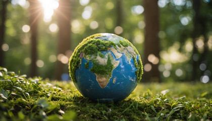 Obraz na płótnie Canvas Globe on grass. Globe on green forest. Earth Day Concepts. World Environment Day Concept. Environment and Nature Concept