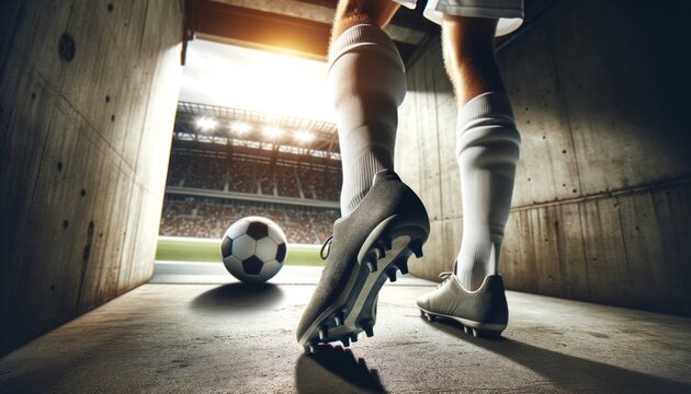 Close-up of a soccer player's feet emerging from the tunnel into the soccer stadium.