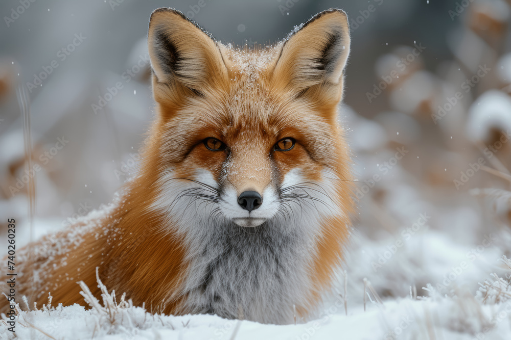 Sticker a red fox prowling through a snowy forest, showcasing the adaptability and stealth of this elusive p