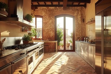 Warm terracotta tiles meet sleek stainless steel appliances in a modern kitchen bathed in natural light from large windows overlooking a herb garden
