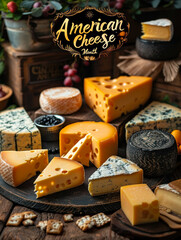 Variety of Gourmet American Cheeses Displayed to Celebrate American Cheese Month, Featuring Artisanal and Craft Cheeses on a Rustic Wooden Background