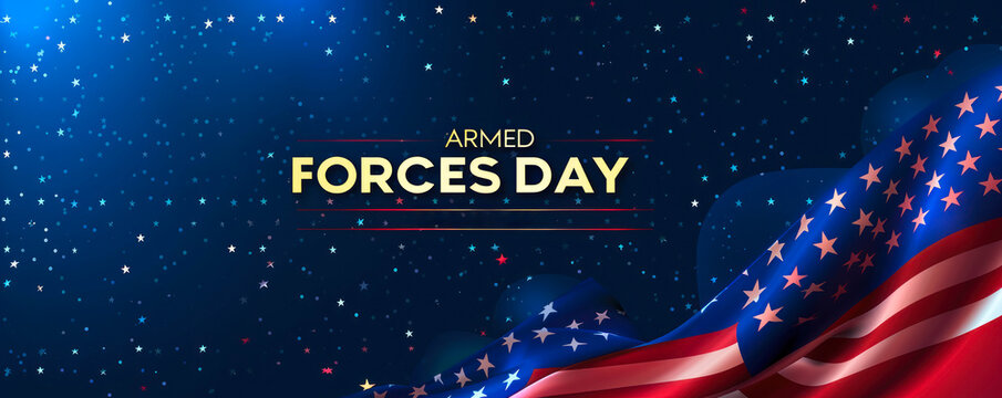 Patriotic Armed Forces Day banner featuring an elegant American flag with stars and stripes, against a starry night sky backdrop, honoring military service