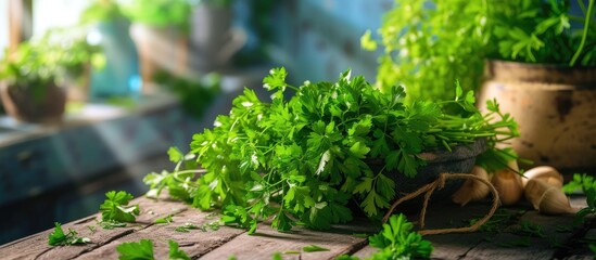 A cluster of vibrant green plants, including fresh parsley sprigs, placed neatly on top of a rustic wooden table in a kitchen.