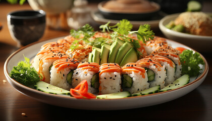 Fresh seafood meal sushi, sashimi, salad, rice, avocado, ginger generated by AI