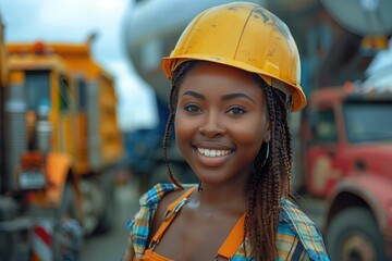 Black female construction manager at the building site  - obrazy, fototapety, plakaty