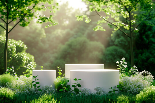 Cylinder podium for product demonstration on green background with nature elements like leaves, plants and flowers