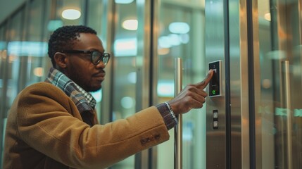 An African Man Utilizes a Fingerprint Scanner to Access a Glass Door Within an Office Building. Generative AI  