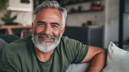 Portrait Of A Happy And Smiling Mature Man Sitting On A Sofa In A Home Interior Looking At The Camera Relaxing On A Sofa In A Modern House. Generative AI