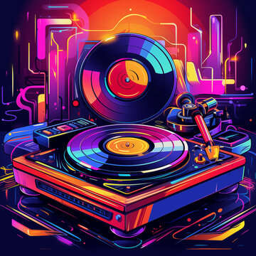 Retro Poster, Back to the 80s Background. Template in Neon colors and glows, nostalgic Vinyl disc and player