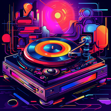 Retro Poster, Back to the 80s Background. Template in Neon colors and glows, nostalgic Vinyl disc and player