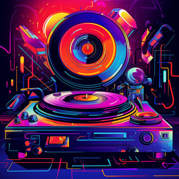 Retro Poster, Back to the 80s Background. Template in Neon colors and glows, nostalgic Vinyl disc and player
