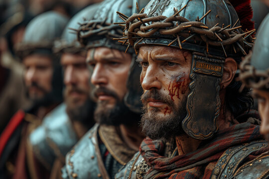 Imagination of The Roman soldiers mocking and beating Jesus, depicting the harsh treatment he endured before his crucifixion. Concept of physical suffering. Generative Ai.