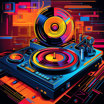 Retro Poster, Back to the 80s Background. Template in Neon colors, nostalgic Vinyl disc and player
