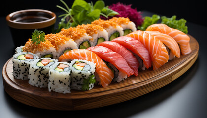 Freshness on plate sushi, sashimi, maki, nigiri, seaweed, avocado generated by AI