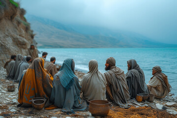 Staging of The disciples encountering the resurrected Jesus by the Sea of Galilee, emphasizing the continuity of Christ's presence in their lives.  Generative Ai. - obrazy, fototapety, plakaty