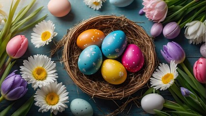 Fototapeta na wymiar Congratulatory easter background, Easter eggs and flowers